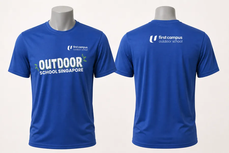 Blue dri-fit tees printed for First Campus Outdoor School Singapore